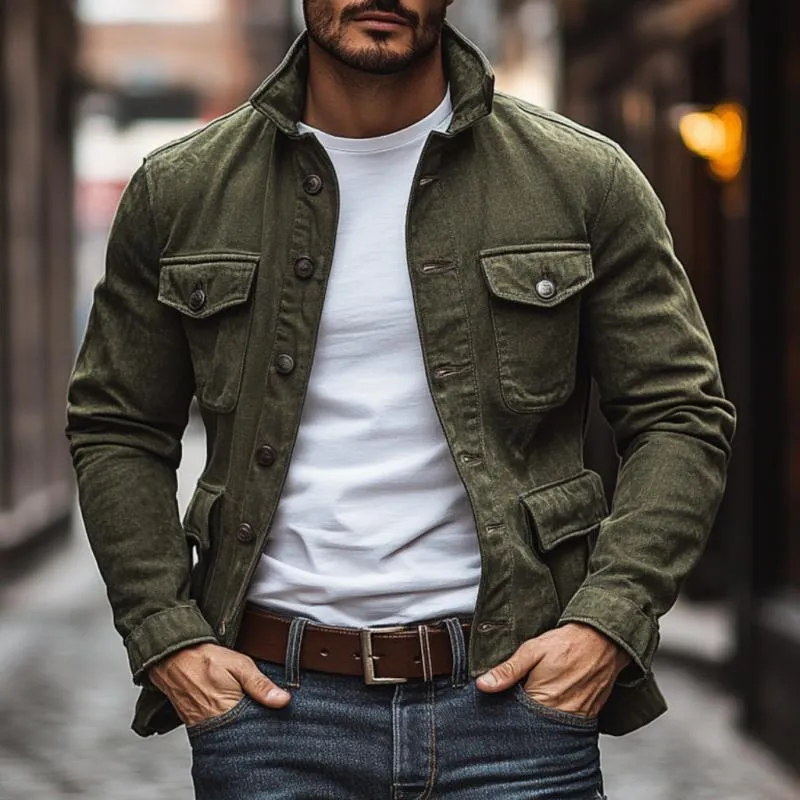 Men's Vintage Washed Denim Lapel Single Breasted Multi-Pocket Jacket 07246545M sold by Manly product image thumbnail 2