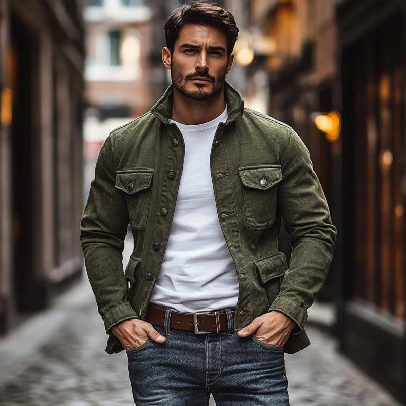 Men's Vintage Washed Denim Lapel Single Breasted Multi-Pocket Jacket 07246545M sold by Manly product image thumbnail 3