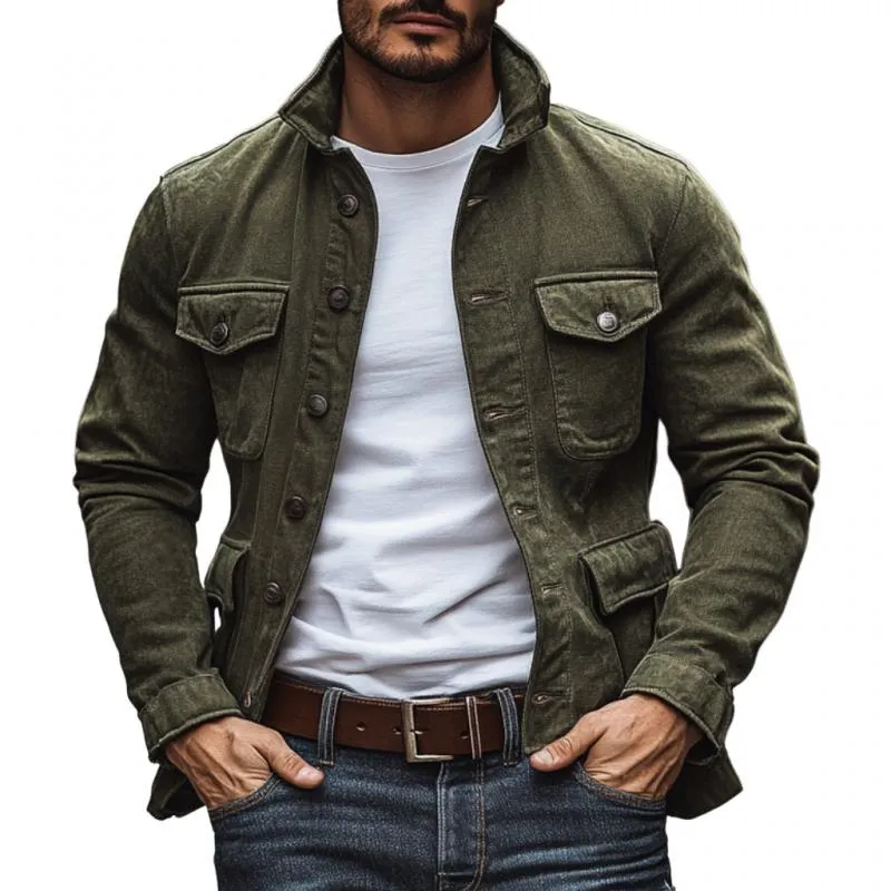 Men's Vintage Washed Denim Lapel Single Breasted Multi-Pocket Jacket 07246545M sold by Manly