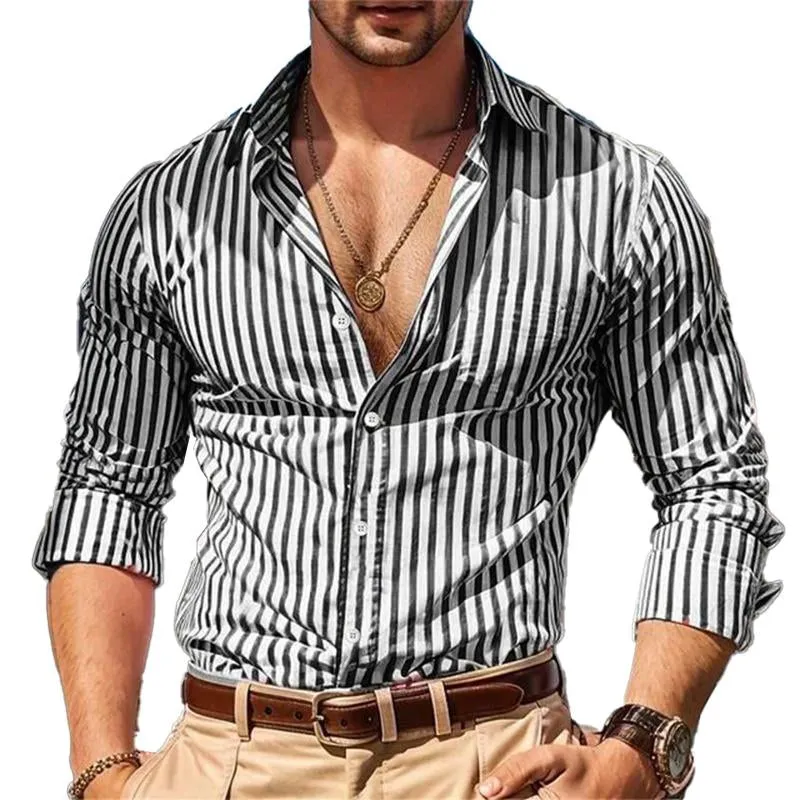 Men's Casual Striped Long Sleeve Lapel Shirt 91164771X sold by Manly
