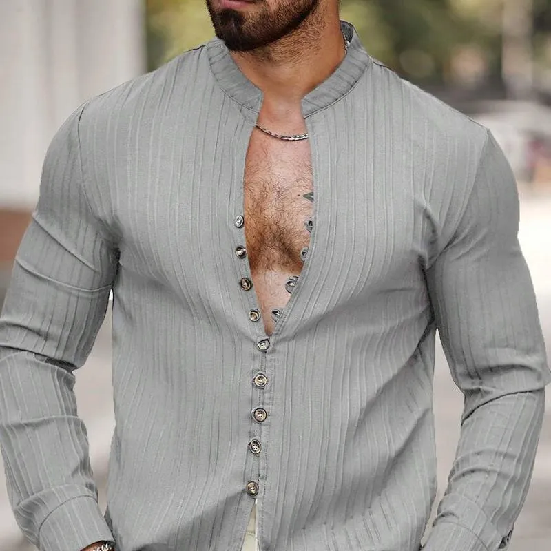 Men's Solid Color Striped Textured Stand Collar Long Sleeve Shirt 91871352X sold by Manly product image thumbnail 2