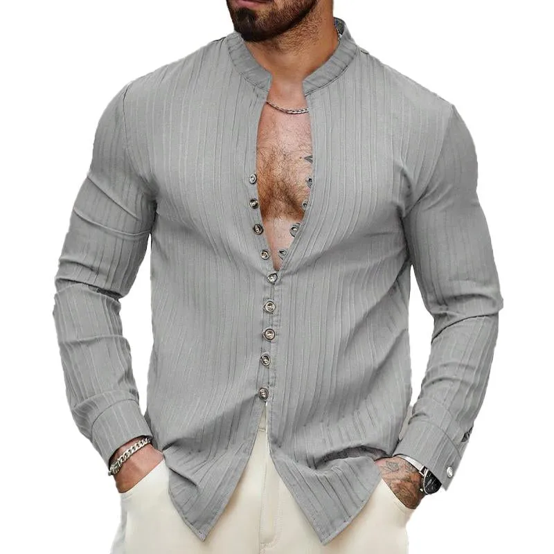 Men's Solid Color Striped Textured Stand Collar Long Sleeve Shirt 91871352X sold by Manly