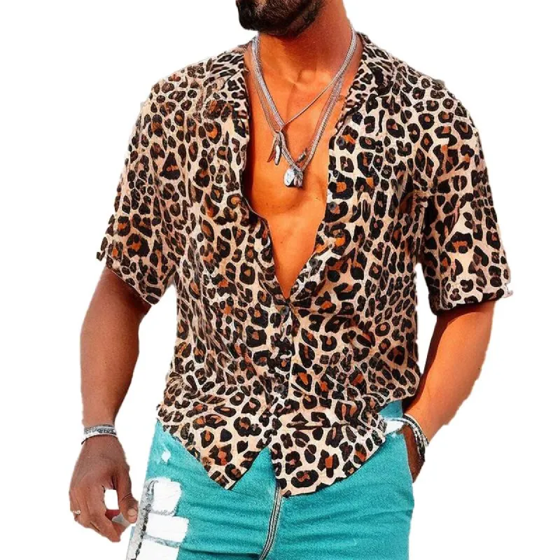 Men's Leopard Print Lapel Short Sleeve Shirt 48641467X sold by Manly