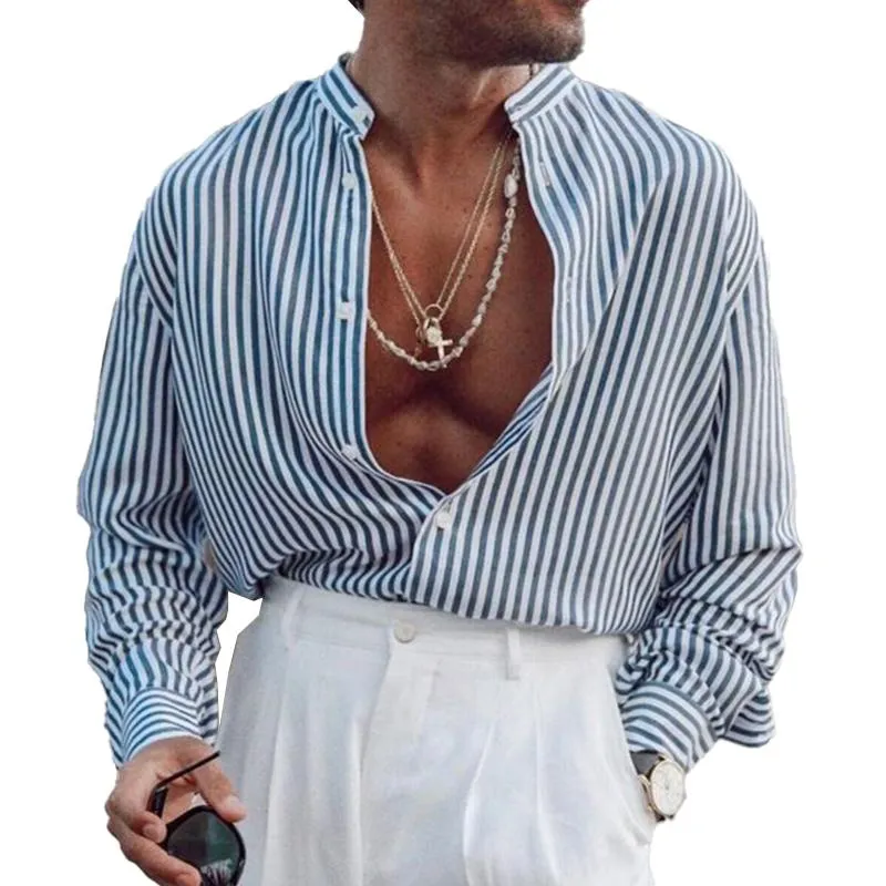 Men's Cotton and Linen Striped Lapel Long-sleeved Shirt 74894388X sold by Manly