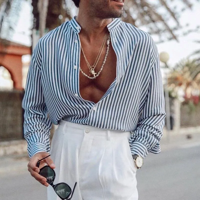 Men's Cotton and Linen Striped Lapel Long-sleeved Shirt 74894388X sold by Manly product image thumbnail 3