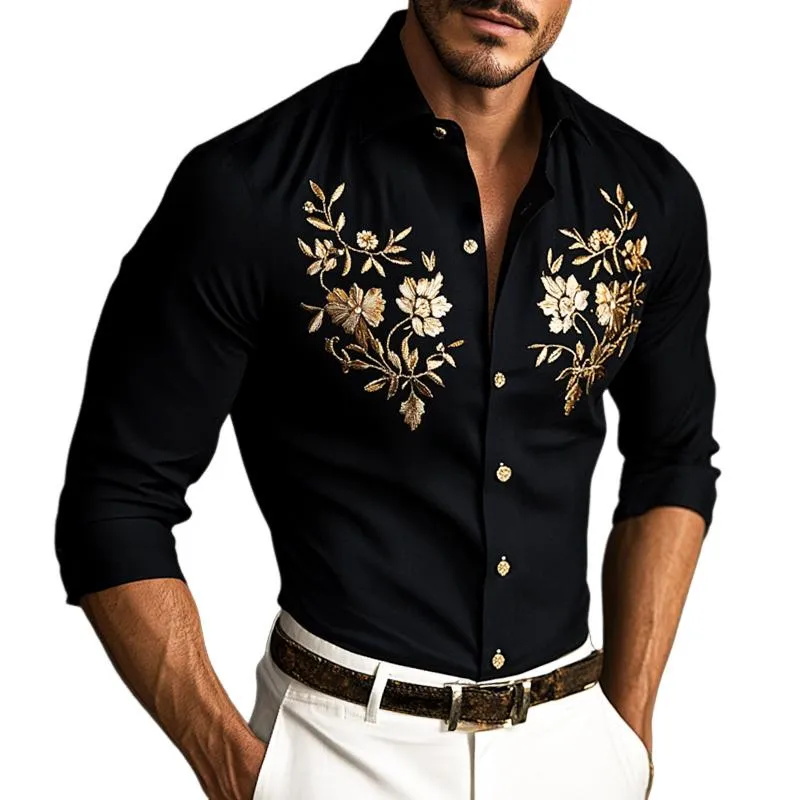 Men's Retro Casual Embroidered Lapel Long Sleeve Shirt 16533429TO sold by Manly