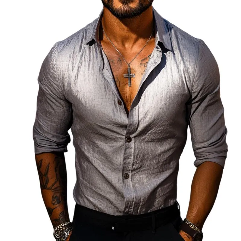 Men's Retro Casual Solid Color Lapel Long Sleeve Shirt 00991353TO sold by Manly