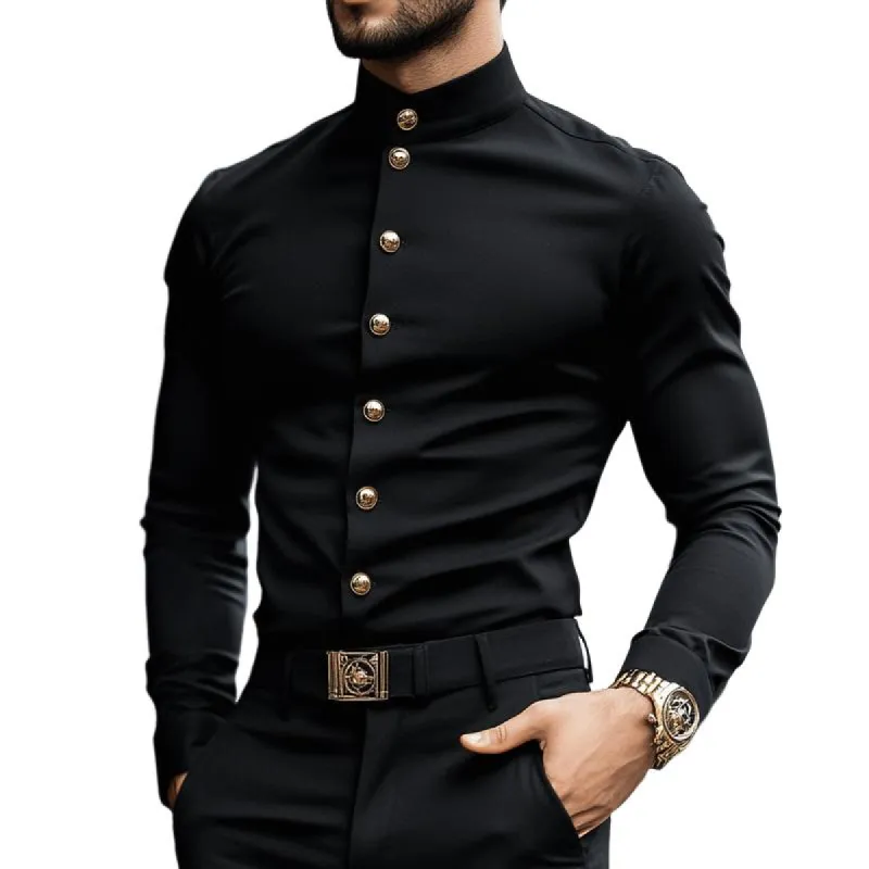 Men's Retro Casual Solid Color Stand Collar Long Sleeve Shirt 14845455TO sold by Manly