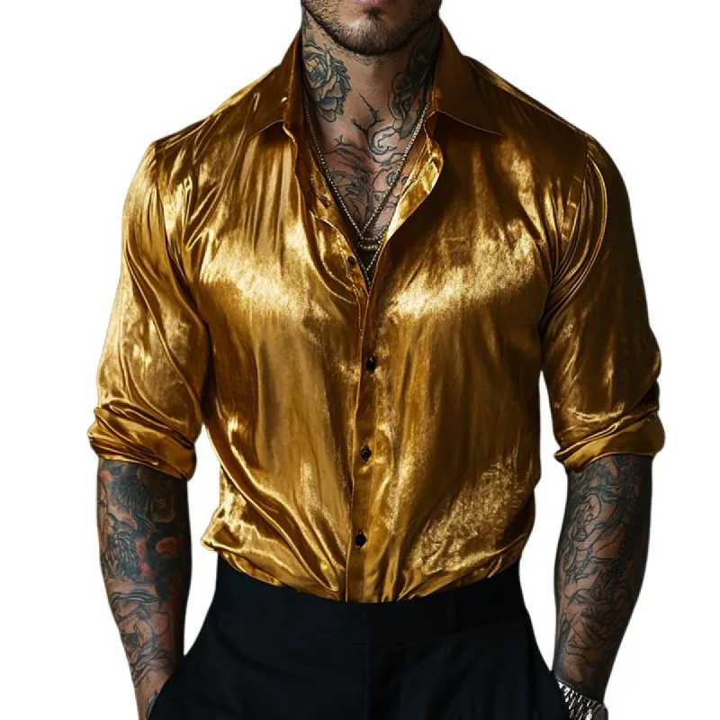 Men's Retro Casual Gold Velvet Lapel Long Sleeve Shirt 35471815TO sold by Manly