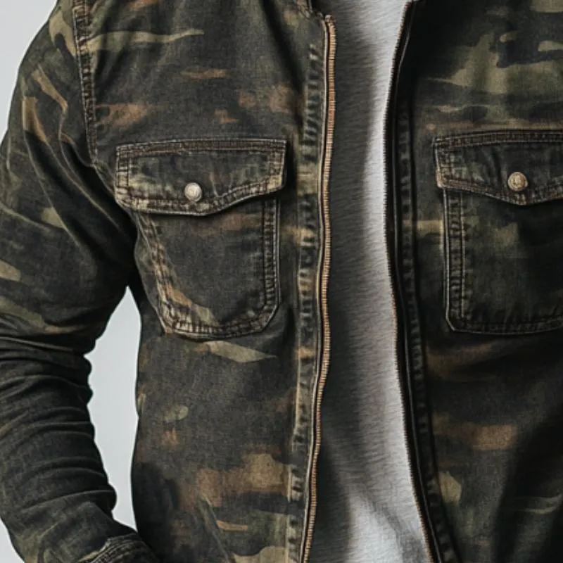 Men's Vintage Washed Camouflage Stand Collar Double Chest Pockets Jacket 72675680Y sold by Manly product image thumbnail 2
