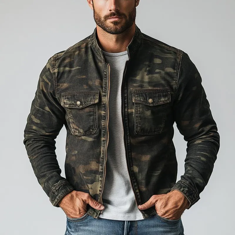 Men's Vintage Washed Camouflage Stand Collar Double Chest Pockets Jacket 72675680Y sold by Manly product image thumbnail 3