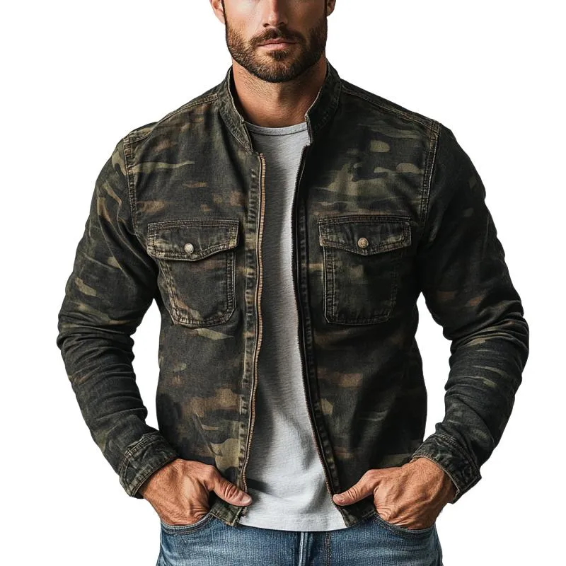 Men's Vintage Washed Camouflage Stand Collar Double Chest Pockets Jacket 72675680Y sold by Manly