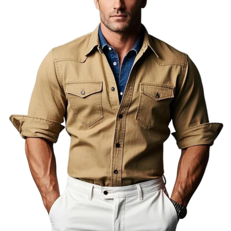 Men's Vintage Double Chest Pockets Single Breasted Long Sleeve Shirt 16472102Y sold by Manly