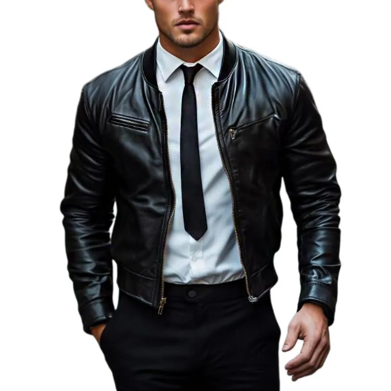 Men's Fashion Crew Neck Baseball Leather Jacket 68805452Y sold by Manly