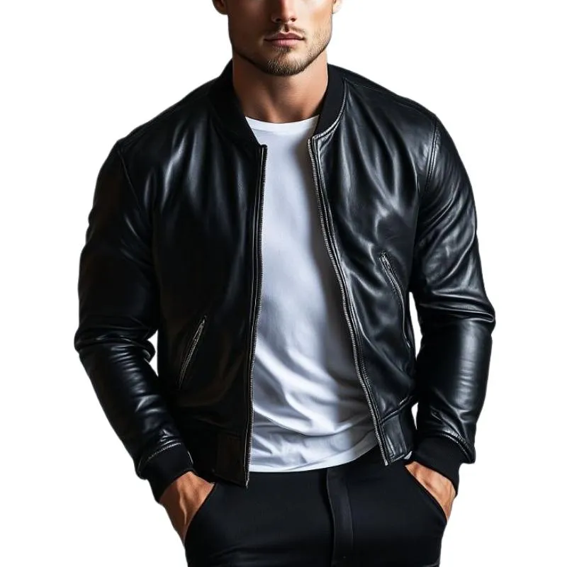 Men's Fashion Crew Neck Baseball Leather Jacket 62865010Y sold by Manly