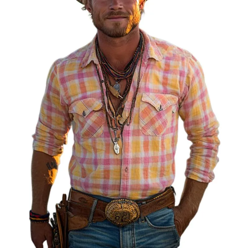 Men's Vintage Check Double Chest Pockets Single Breasted Long Sleeve Shirt 39467541Y sold by Manly