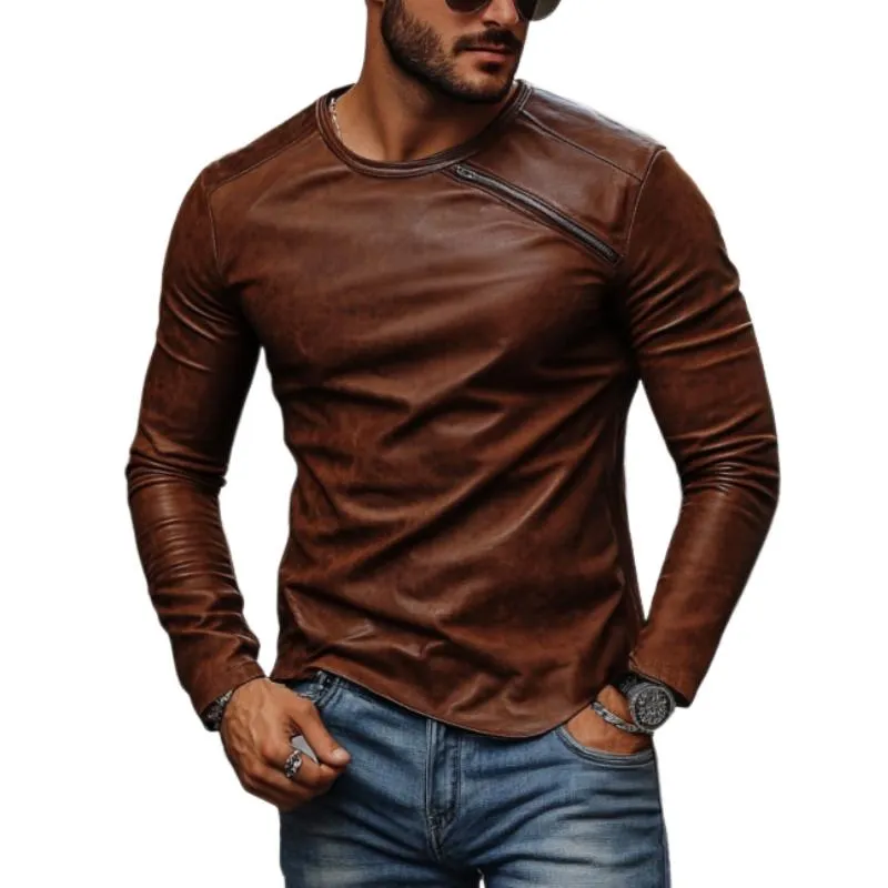 Men's Casual Fashionable Round Collar Slim Fit Leather Long Sleeve T-shirt 80728107K sold by Manly