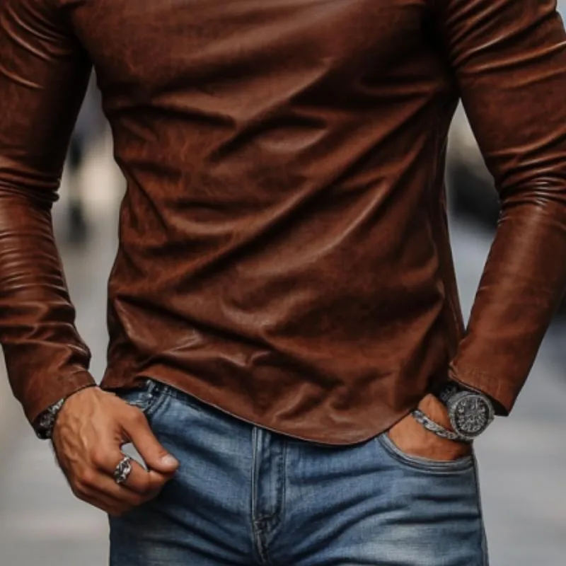 Men's Casual Fashionable Round Collar Slim Fit Leather Long Sleeve T-shirt 80728107K sold by Manly product image thumbnail 5