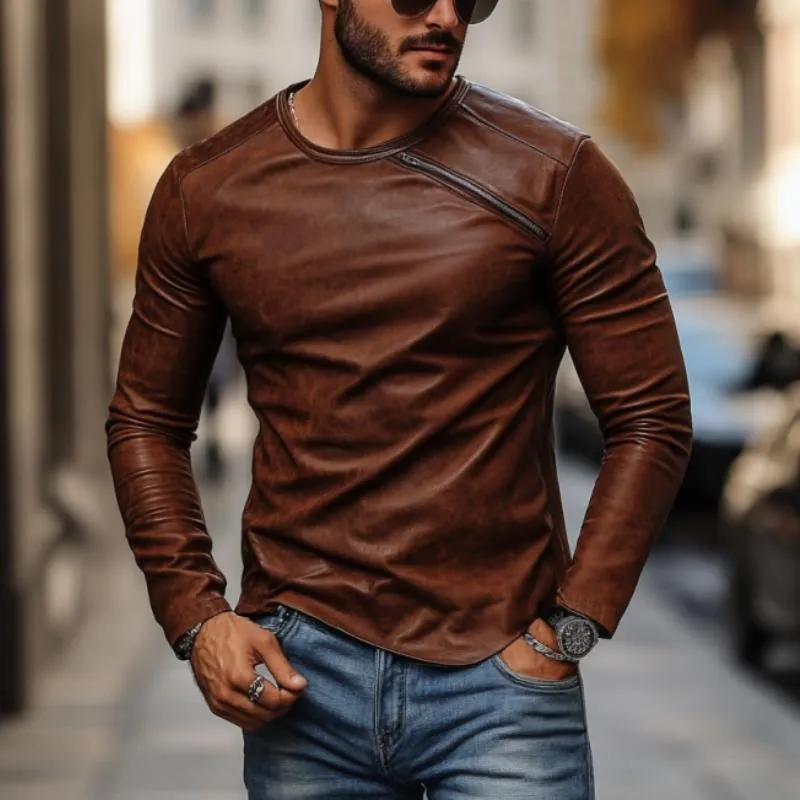 Men's Casual Fashionable Round Collar Slim Fit Leather Long Sleeve T-shirt 80728107K sold by Manly product image thumbnail 2