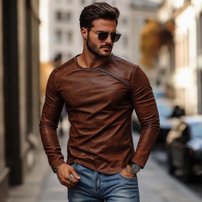Men's Casual Fashionable Round Collar Slim Fit Leather Long Sleeve T-shirt 80728107K sold by Manly product image thumbnail 3