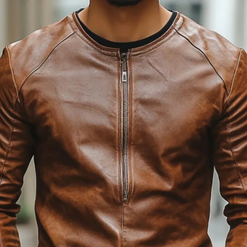 Men's Casual Fashion Round Neck Zipper Slim Leather Long Sleeve T-Shirt 98608514K sold by Manly product image thumbnail 3