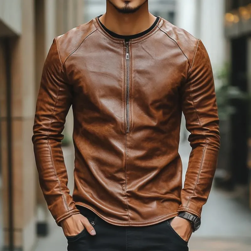 Men's Casual Fashion Round Neck Zipper Slim Leather Long Sleeve T-Shirt 98608514K sold by Manly product image thumbnail 2