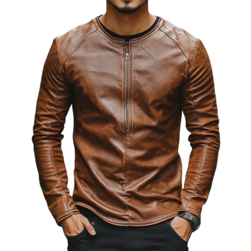 Men's Casual Fashion Round Neck Zipper Slim Leather Long Sleeve T-Shirt 98608514K sold by Manly
