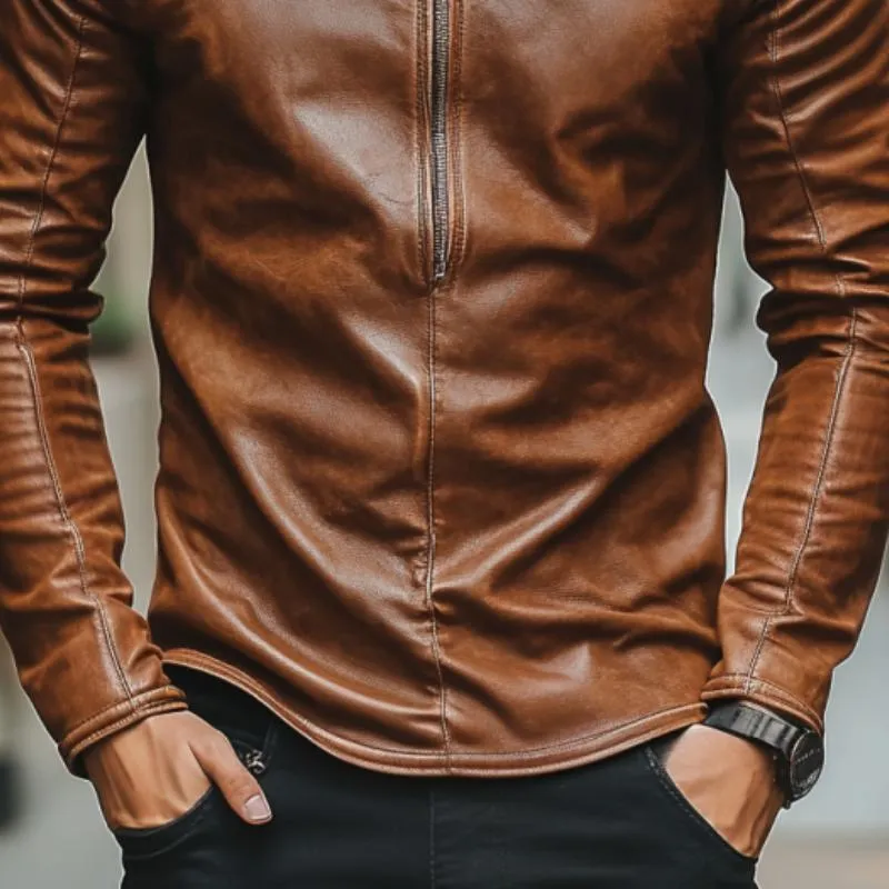 Men's Casual Fashion Round Neck Zipper Slim Leather Long Sleeve T-Shirt 98608514K sold by Manly product image thumbnail 4