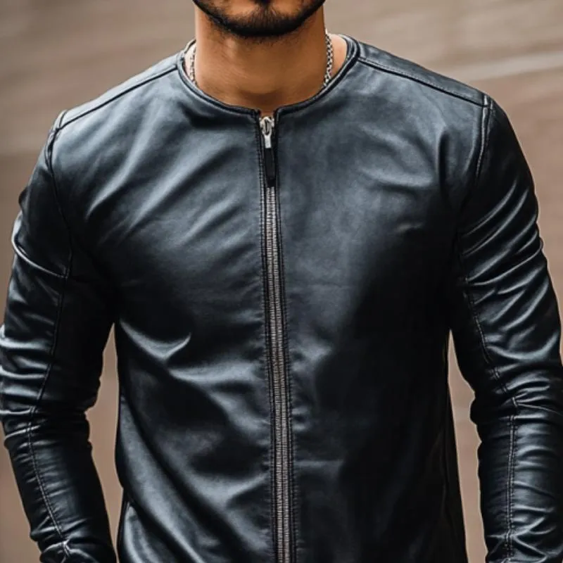 Men's Casual Fashion Round Neck Zipper Slim Leather Long Sleeve T-Shirt 28731356K sold by Manly product image thumbnail 3
