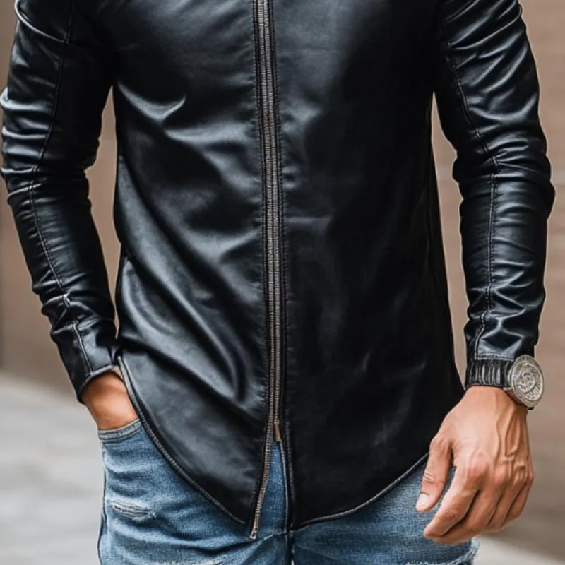 Men's Casual Fashion Round Neck Zipper Slim Leather Long Sleeve T-Shirt 28731356K sold by Manly product image thumbnail 4