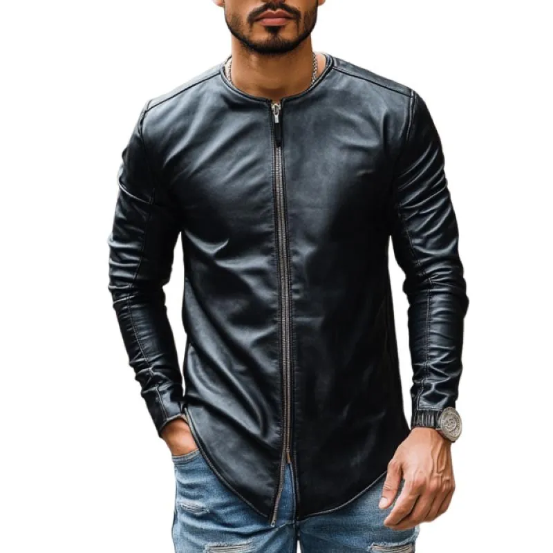 Men's Casual Fashion Round Neck Zipper Slim Leather Long Sleeve T-Shirt 28731356K sold by Manly