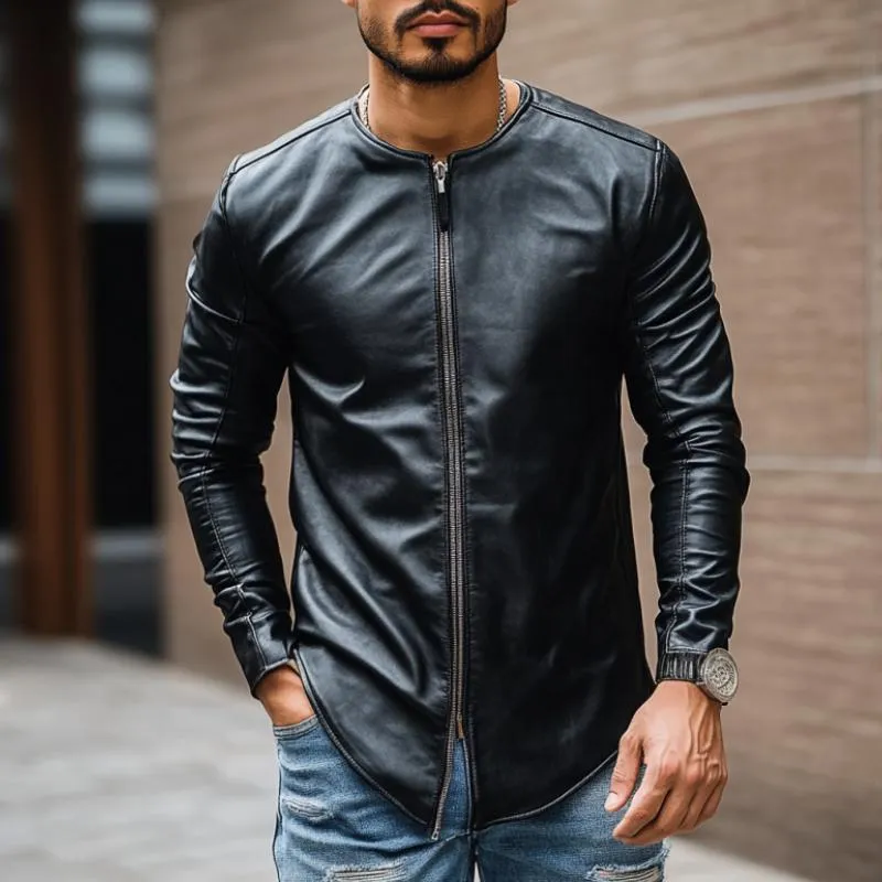 Men's Casual Fashion Round Neck Zipper Slim Leather Long Sleeve T-Shirt 28731356K sold by Manly product image thumbnail 2