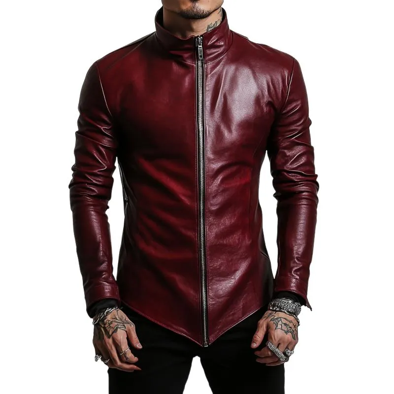 Men's Stylish Casual Stand Collar Slim Fit Leather Jacket 84587076K sold by Manly