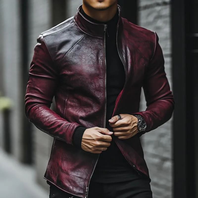 Men's Classic Casual Stand Collar Slim Fit Textured Leather Jacket 99562383K sold by Manly product image thumbnail 2