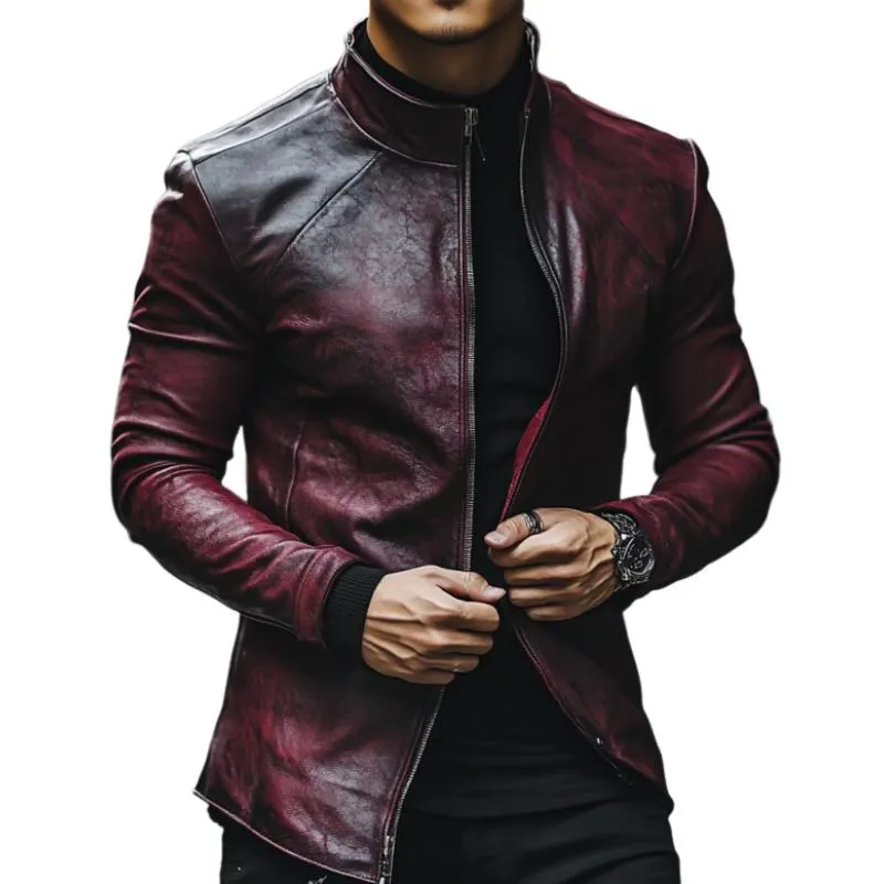Men's Classic Casual Stand Collar Slim Fit Textured Leather Jacket 99562383K sold by Manly