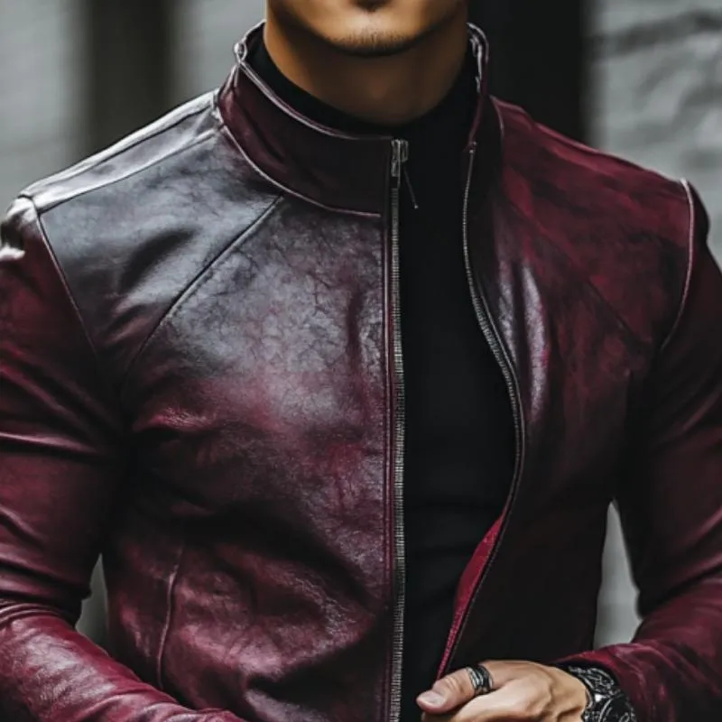 Men's Classic Casual Stand Collar Slim Fit Textured Leather Jacket 99562383K sold by Manly product image thumbnail 3