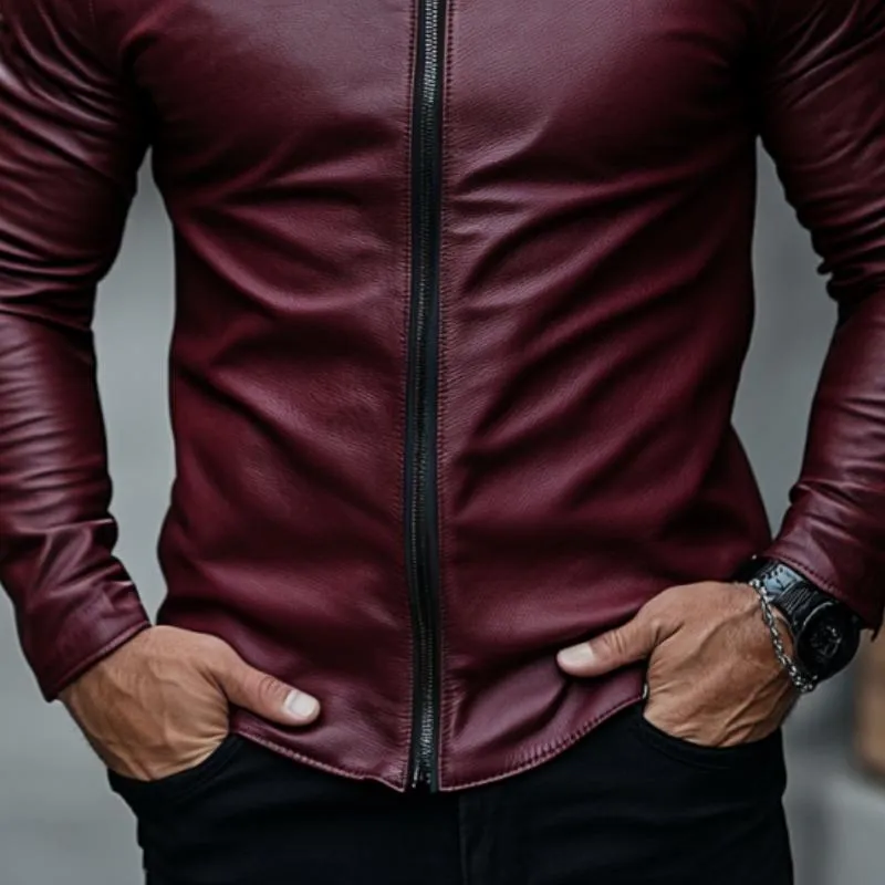 Men's Classic Casual Stand Collar Slim Fit Leather Jacket 57759586K sold by Manly product image thumbnail 4