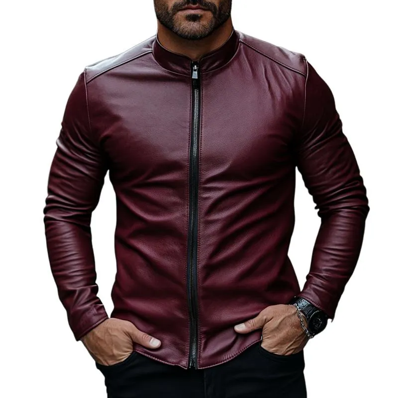 Men's Classic Casual Stand Collar Slim Fit Leather Jacket 57759586K sold by Manly