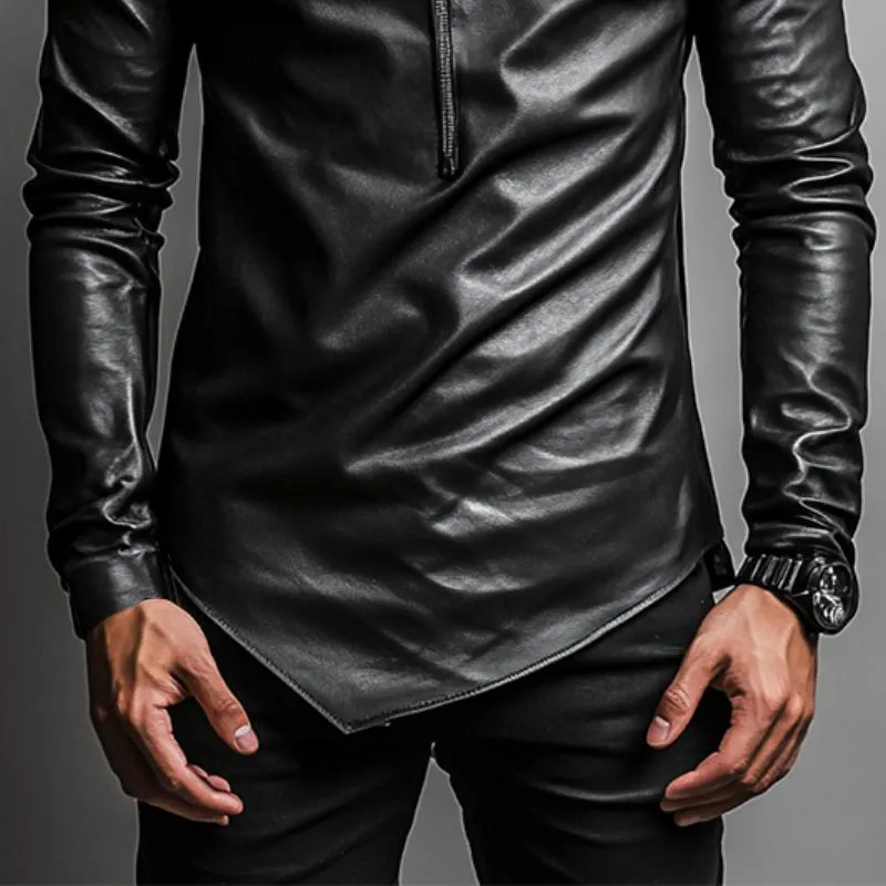 Men's Casual Round Neck Irregular Hem Leather Long Sleeve T-shirt 82551647K sold by Manly product image thumbnail 4
