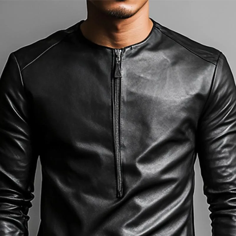 Men's Casual Round Neck Irregular Hem Leather Long Sleeve T-shirt 82551647K sold by Manly product image thumbnail 3