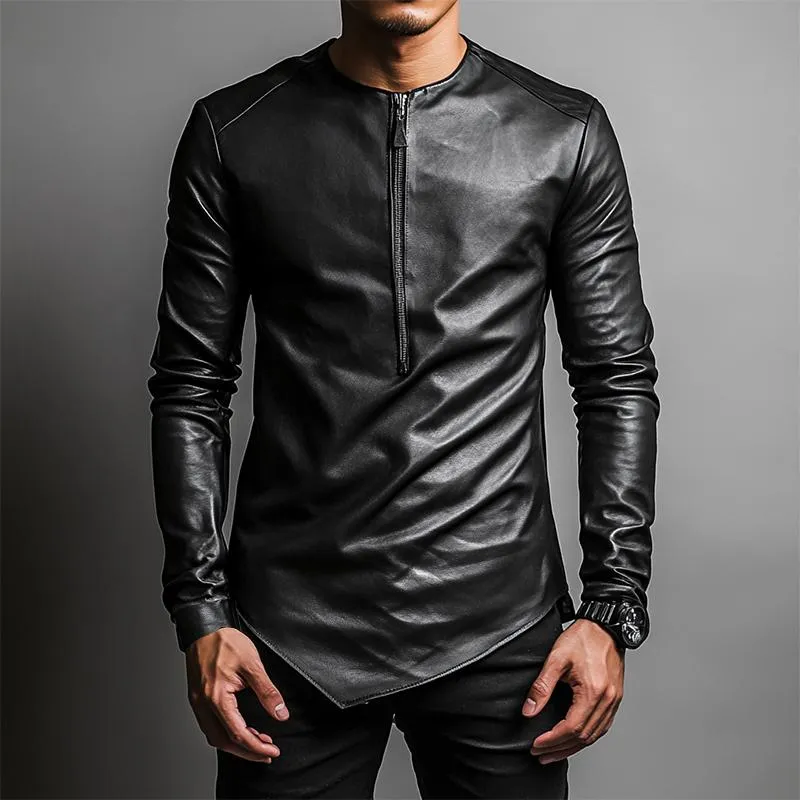 Men's Casual Round Neck Irregular Hem Leather Long Sleeve T-shirt 82551647K sold by Manly product image thumbnail 2