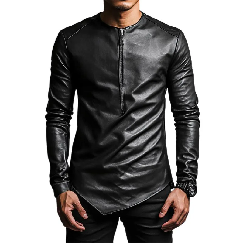Men's Casual Round Neck Irregular Hem Leather Long Sleeve T-shirt 82551647K sold by Manly