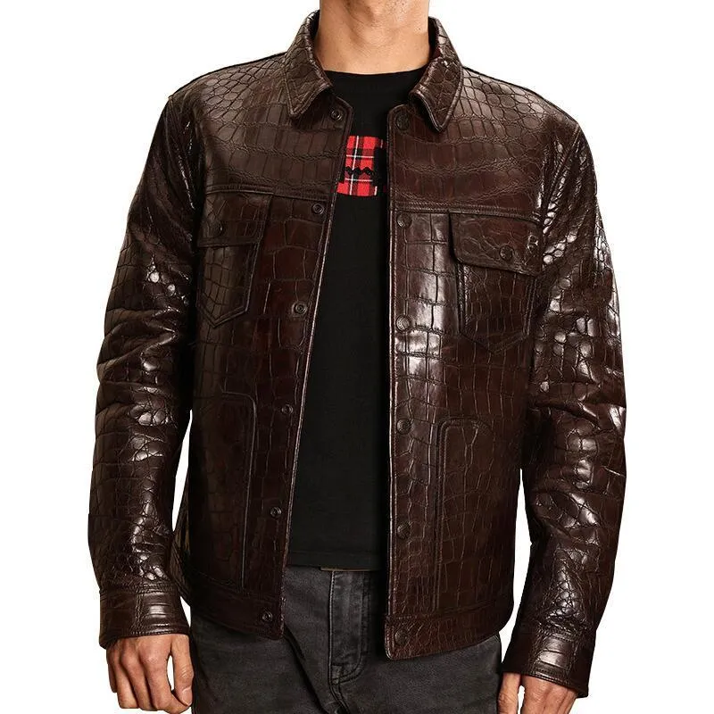 Men's Casual Lapel Croc-effect Leather Jacket 97266096F sold by Manly