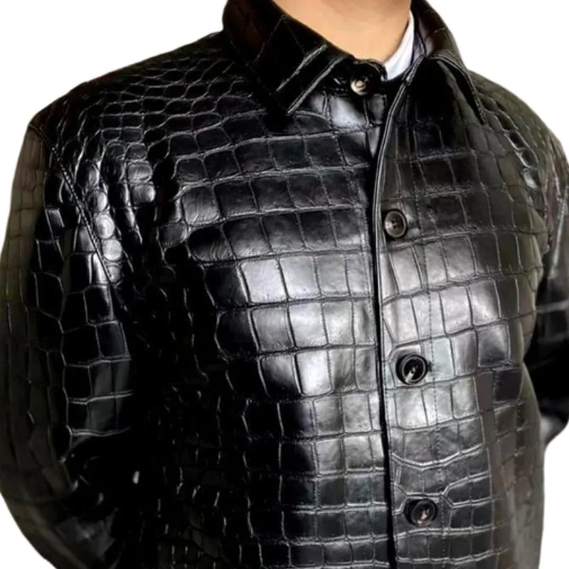 Men's All-match Solid Color Lapel Croc-effect Leather Jacket 62485822F sold by Manly product image thumbnail 2