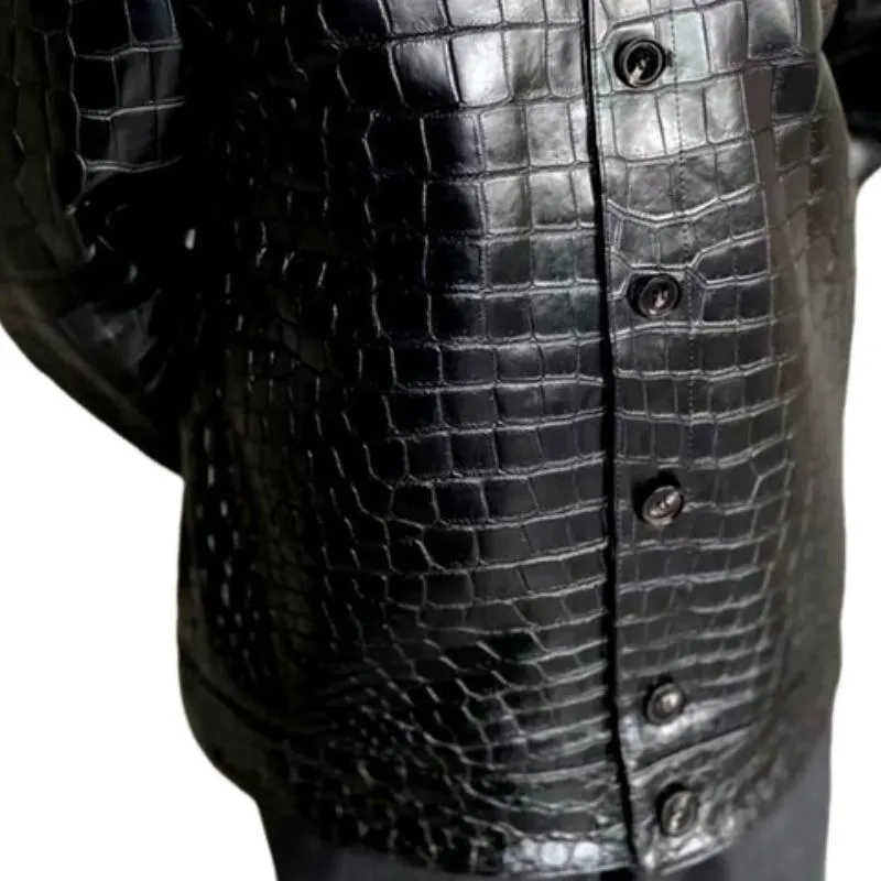 Men's All-match Solid Color Lapel Croc-effect Leather Jacket 62485822F sold by Manly product image thumbnail 3