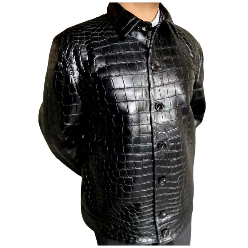 Men's All-match Solid Color Lapel Croc-effect Leather Jacket 62485822F sold by Manly