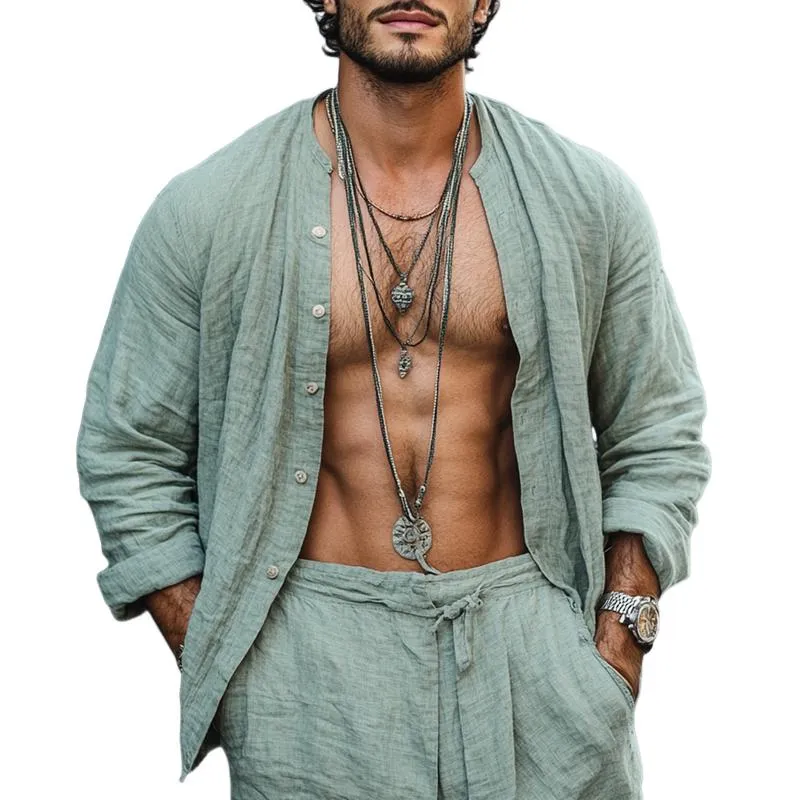 Men's Fashion Loose Linen Round Neck Long Sleeve Casual Shirt 79130838Z sold by Manly