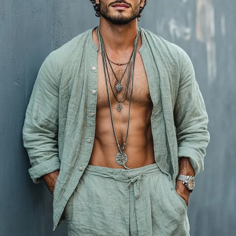 Men's Fashion Loose Linen Round Neck Long Sleeve Casual Shirt 79130838Z sold by Manly product image thumbnail 2