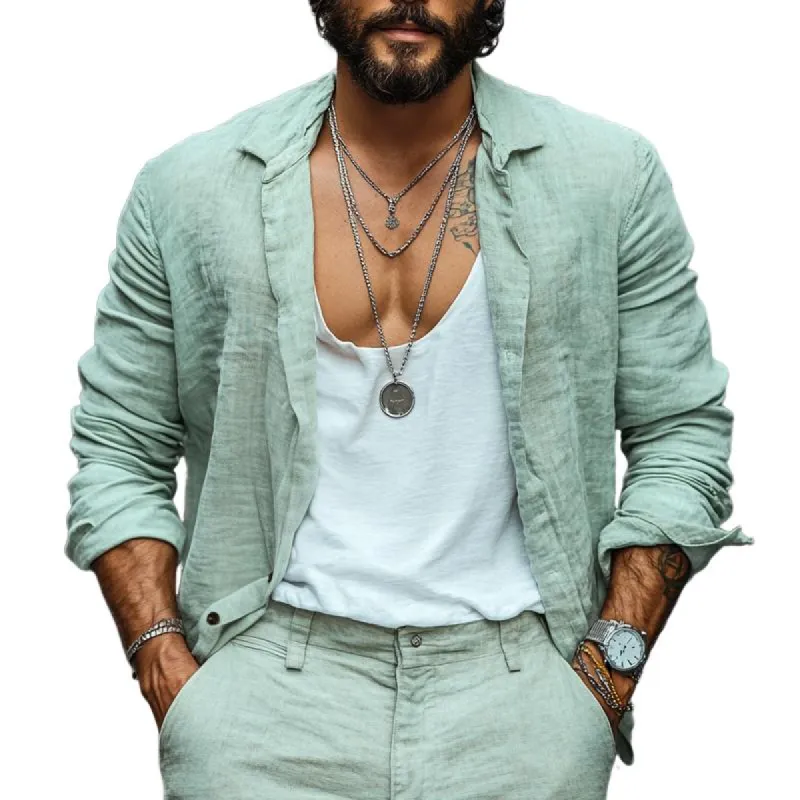 Men's Fashion Loose Linen Lapel Long Sleeve Casual Shirt 38728926Z sold by Manly