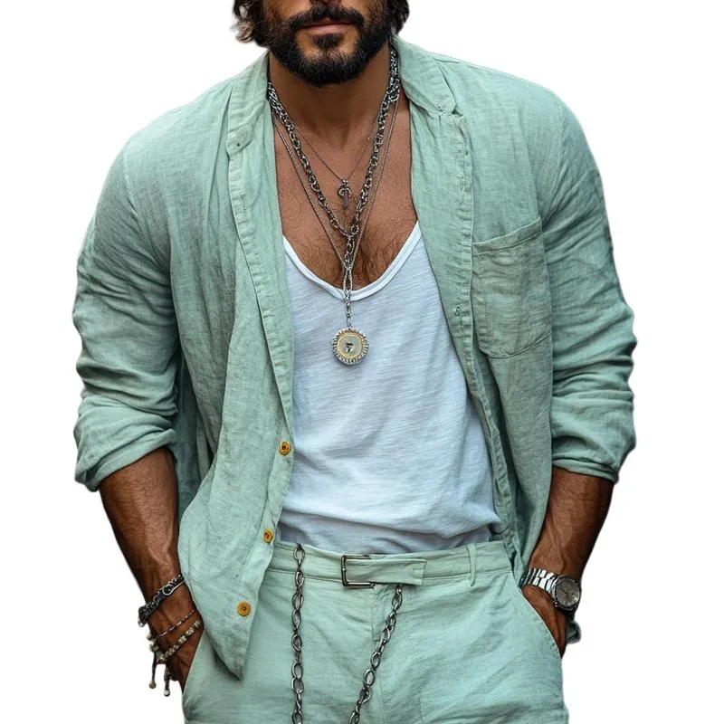 Men's Fashion Loose Linen Lapel Long Sleeve Casual Shirt 50578868Z sold by Manly